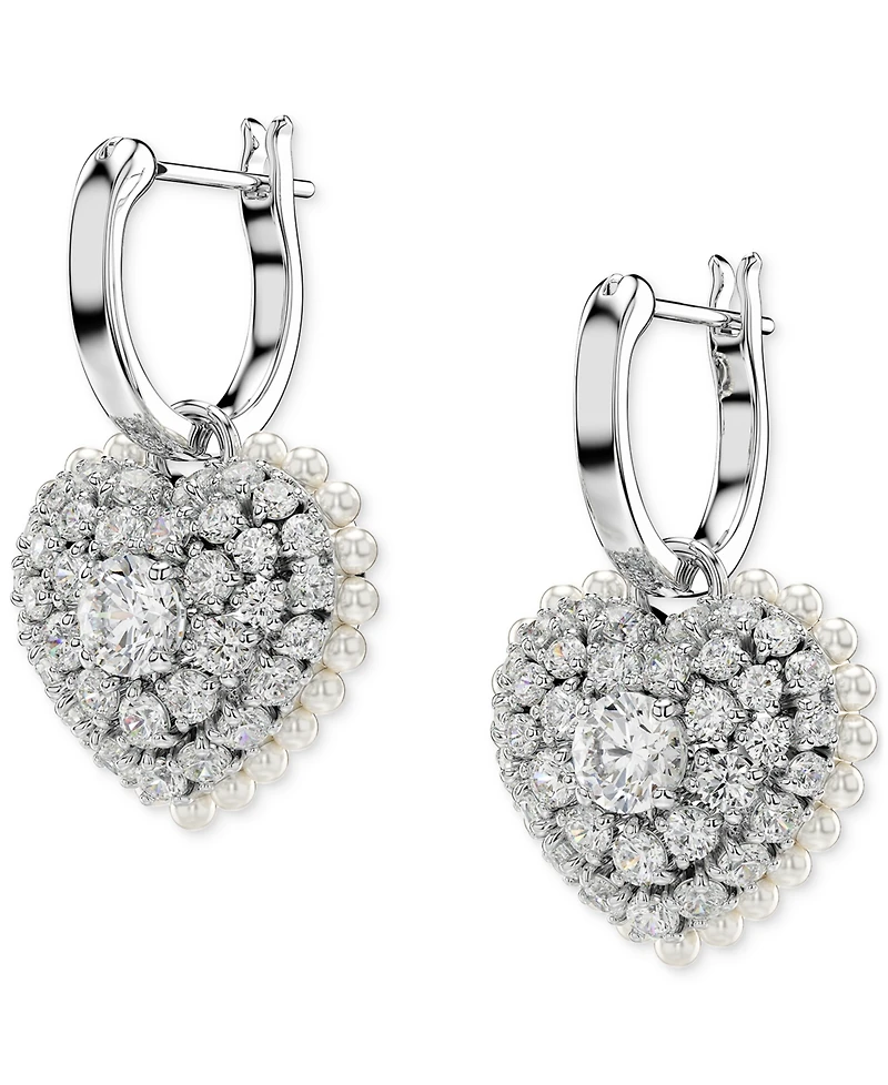 Swarovski Rhodium-Plated Crystal & Imitation Pearl Heart Charm Hoop Earrings