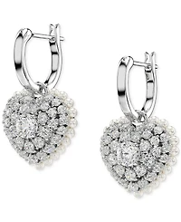 Swarovski Rhodium-Plated Crystal & Imitation Pearl Heart Charm Hoop Earrings