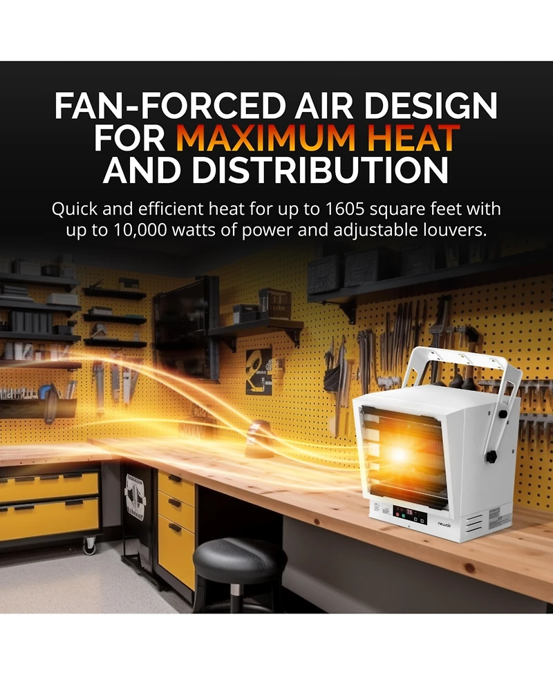 Newair Hardwired 240v Electric Workshop Garage Heater 10,000W Powerful Fan-Forced Rapid Heat for Ceiling, Wall or Counter Mount,Heats up to 1605 sq.ft