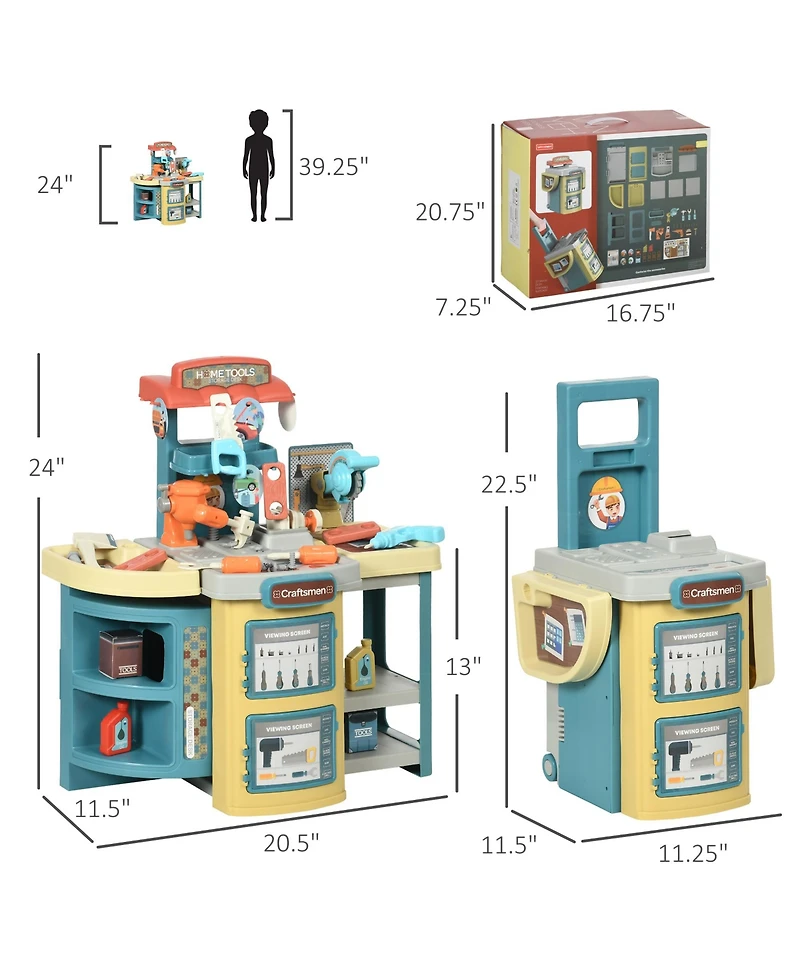 Qaba Kids Tool Set, 47 Pieces Pretend Play Kids Workbench, Toddler Tool Bench & Trolley for Children, Gift for Boys and Girls Aged 3-6 Years Old