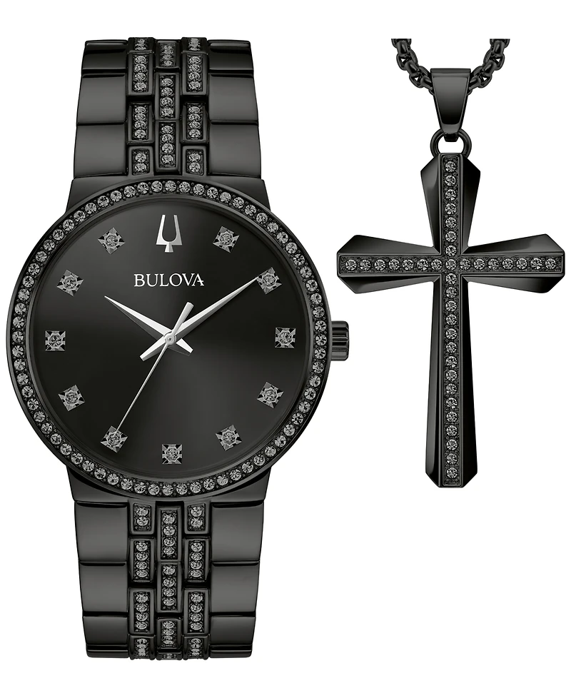 Bulova Men's Classic Crystal Black-Tone Stainless Steel Bracelet Watch 40mm Gift Set