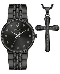 Bulova Men's Classic Crystal Black-Tone Stainless Steel Bracelet Watch 40mm Gift Set