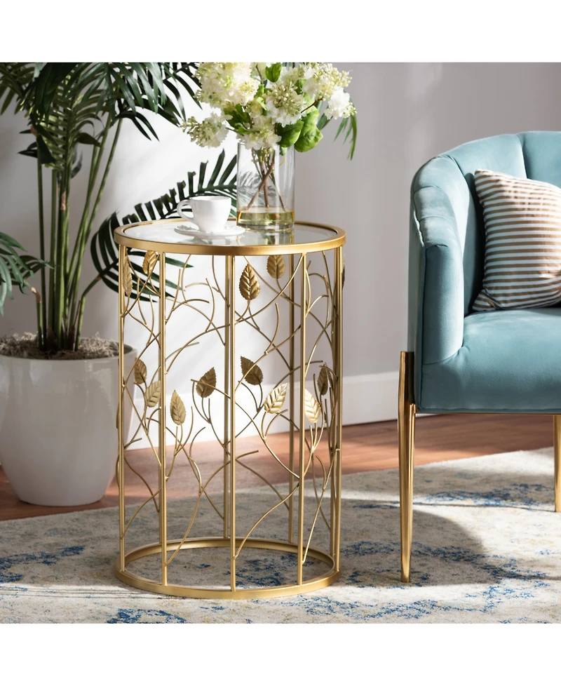 Baxton Studio Anaya Modern and Contemporary Glam 23.6" Brushed Finished Metal and Glass Leaf Accent End Table