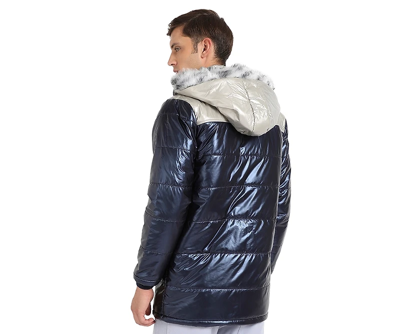 Campus Sutra Men's Blue & Beige Zip-Front Puffer Jacket With Fur Detail