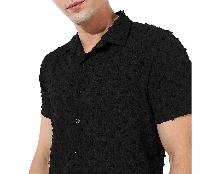 Campus Sutra Men's Jet Black Self-Design Pom-Pom Shirt