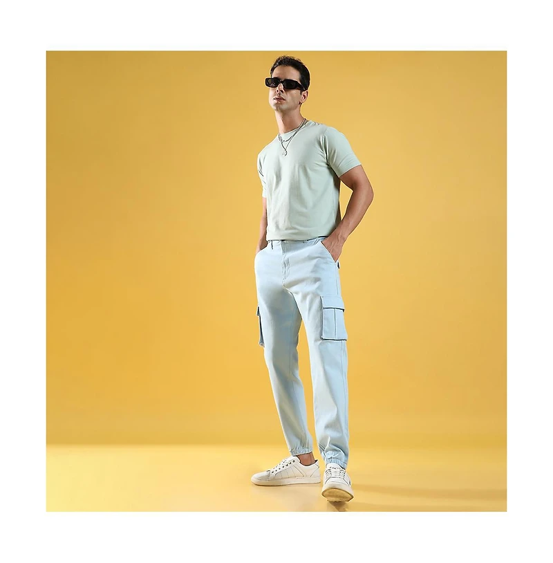Campus Sutra Men's Light Blue Cuffed Hem Cargo Trousers