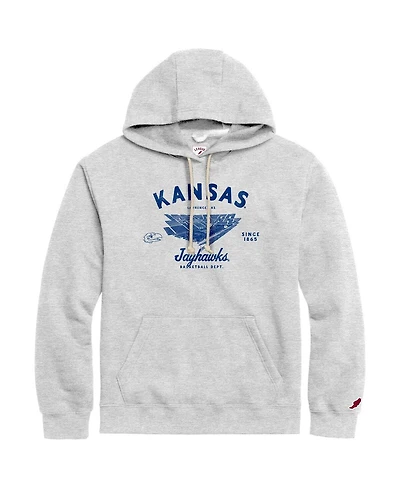 Men's League Collegiate Wear Heather Gray Distressed Kansas Jayhawks Stadium Essential Pullover Hoodie