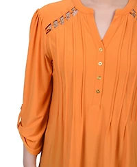 Ny Collection Women's Long Sleeve Pintuck Front Top with Chain Details