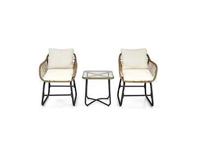 3-Piece Patio Bistro Set with 2 Rattan Chairs and Square Glass Coffee Table-White