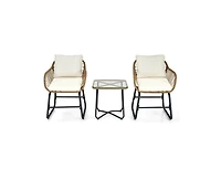3-Piece Patio Bistro Set with 2 Rattan Chairs and Square Glass Coffee Table-White