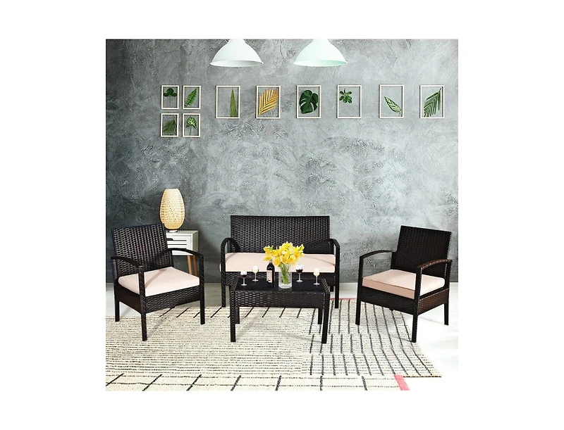 4 Pieces Patio Ratten Conversation Set with Loveseat Sofas and Coffee Table