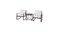 3 Pcs Patio Rocking Wicker Bistro Set Outdoor Rattan w/ Beige Cushion