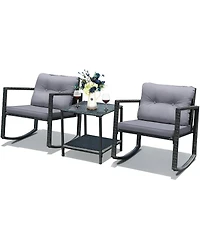 3 Pcs Wicker Rocking Bistro Set with Glass Coffee Table and Storage Shelf