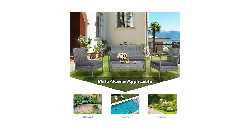 4 Pieces Outdoor Rattan Conversation Set with Comfortable Cushion