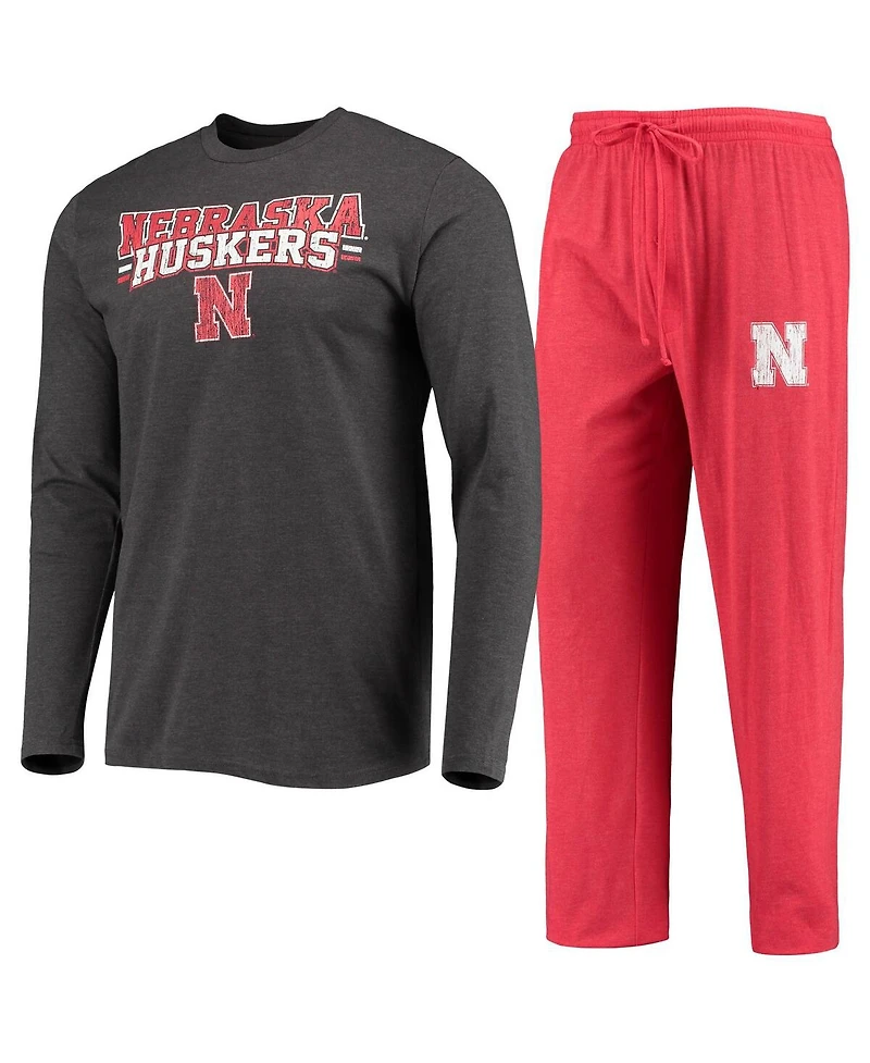 Men's Concepts Sport Scarlet, Heathered Charcoal Distressed Nebraska Huskers Meter Long Sleeve T-shirt and Pants Sleep Set