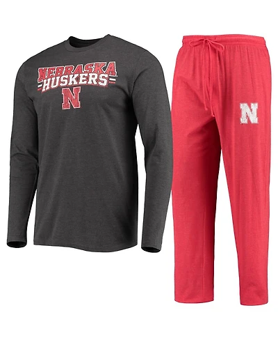Men's Concepts Sport Scarlet, Heathered Charcoal Distressed Nebraska Huskers Meter Long Sleeve T-shirt and Pants Sleep Set