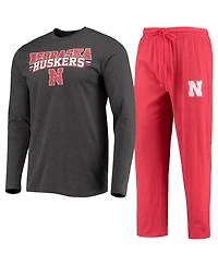 Men's Concepts Sport Scarlet, Heathered Charcoal Distressed Nebraska Huskers Meter Long Sleeve T-shirt and Pants Sleep Set