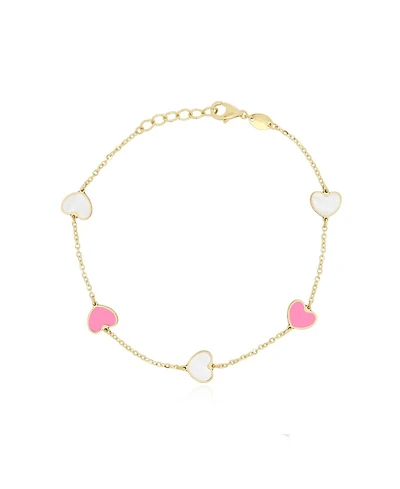 The Lovery Mother of Pearl and Bubblegum Pink Mixed Heart Station Bracelet 14K Gold