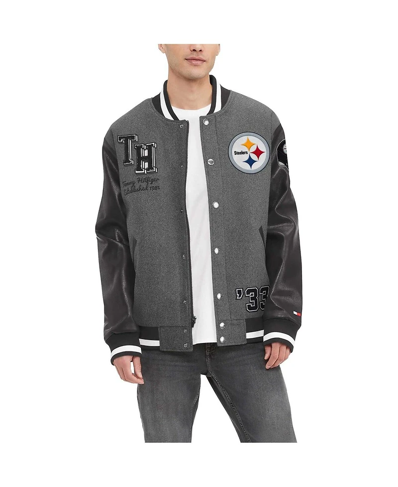 Men's Tommy Hilfiger Heather Gray, Black Pittsburgh Steelers Gunner Full-Zip Varsity Jacket