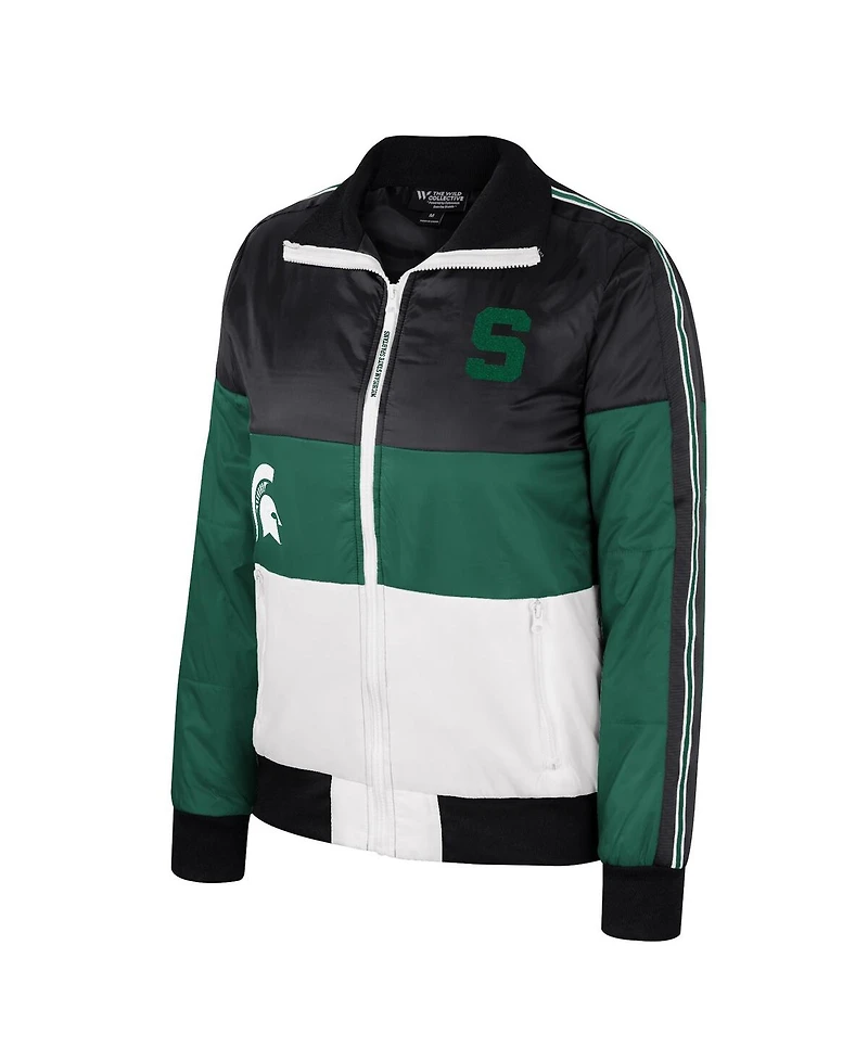 Women's The Wild Collective Green Michigan State Spartans Color-Block Puffer Full-Zip Jacket