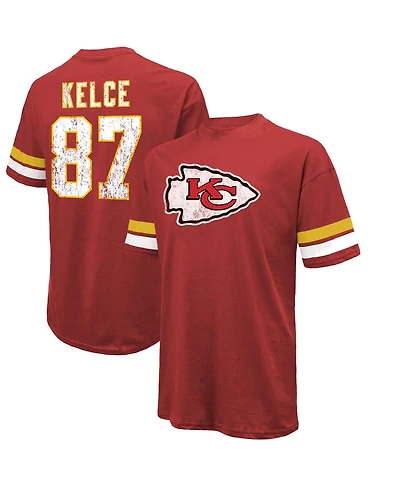 Men's Majestic Threads Travis Kelce Red Distressed Kansas City Chiefs Name and Number Oversize Fit T-shirt