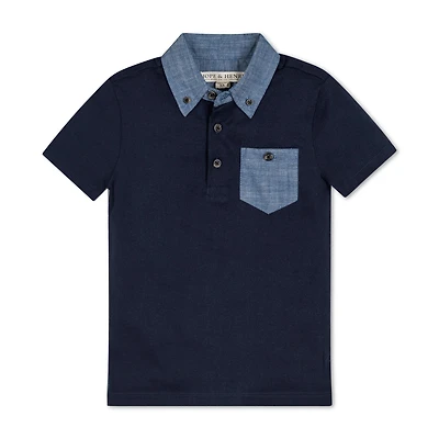 Hope & Henry Boys Short Sleeve Jersey Polo with Chambray Trim