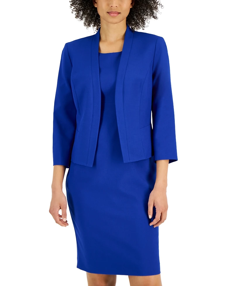 Le Suit Women's Crepe Open Front Jacket & Crewneck Sheath Dress Set, Regular Petite