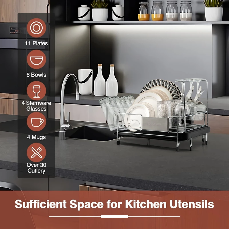 Stainless Steel Expandable Dish Rack with Drain board and Swivel Spout