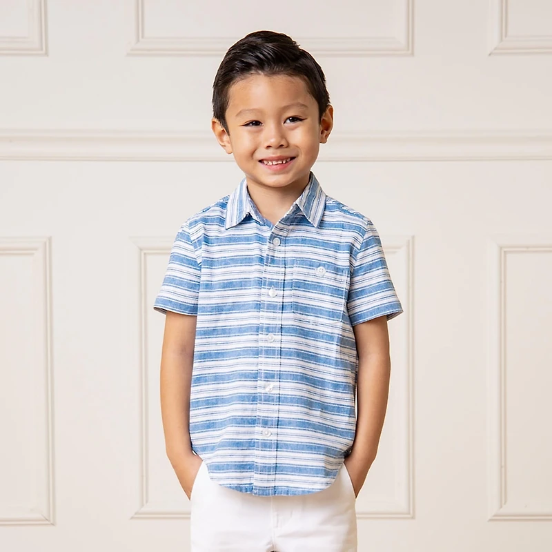 Hope & Henry Boys' Linen Short Sleeve Button Down Shirt, Kids