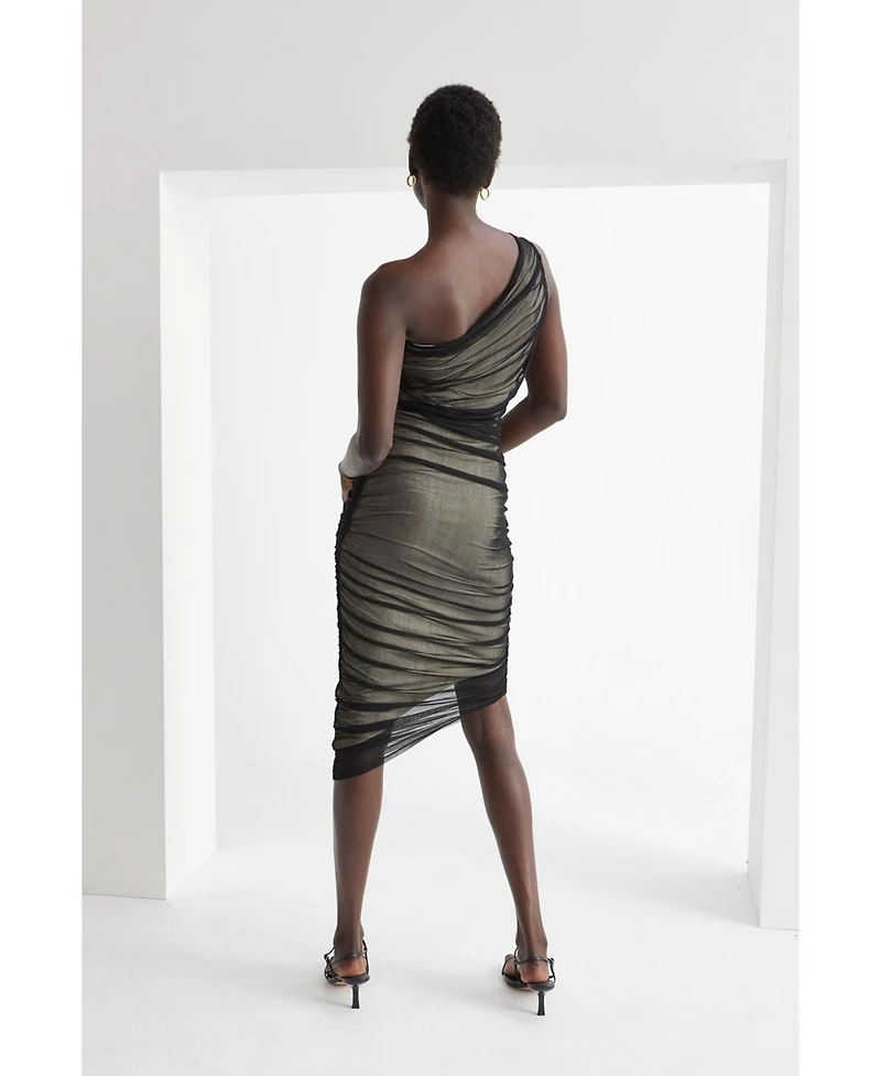 Crescent Women's Arya One Shoulder Ruched Mesh Midi Dress
