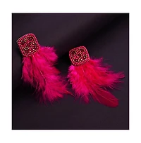 Sohi Women's Pink Beaded Feather Drop Earrings