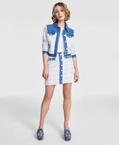 Guess Womens Natalie Tweed Denim Jacket Crystal Logo Cotton T Shirt Tweed Denim Mini Skirt