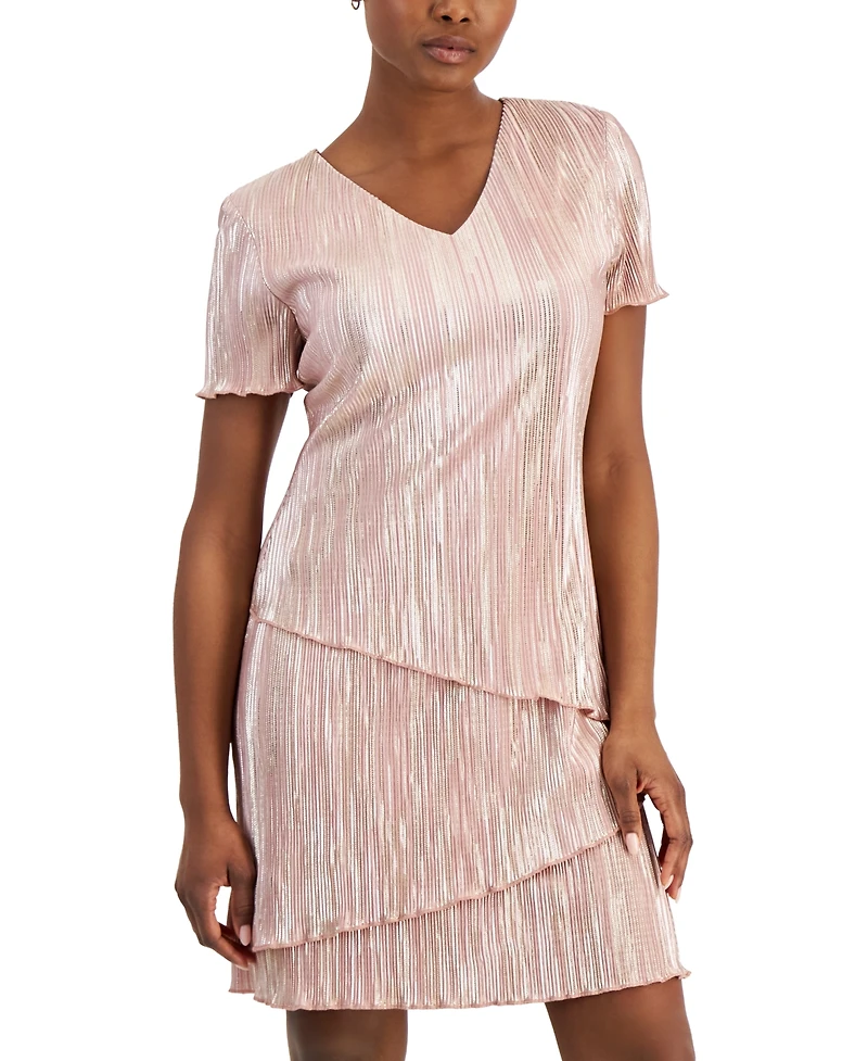 Connected Petite V-Neck Asymmetric Tiered Sheath Dress