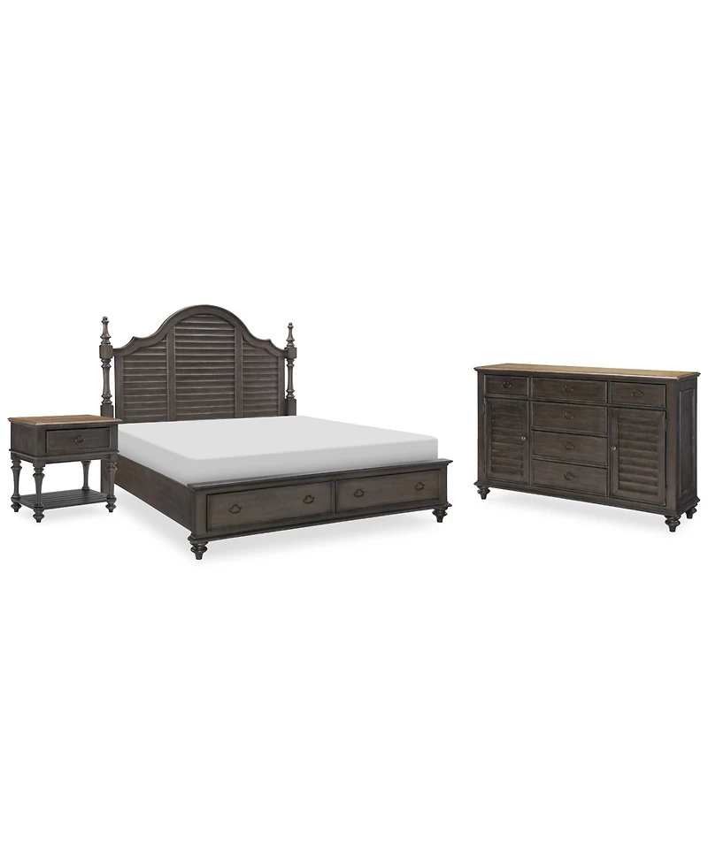Mandeville 3pc Bedroom Set (Louvered California King Storage Bed + Louvered Dresser 1-Drawer Nightstand)