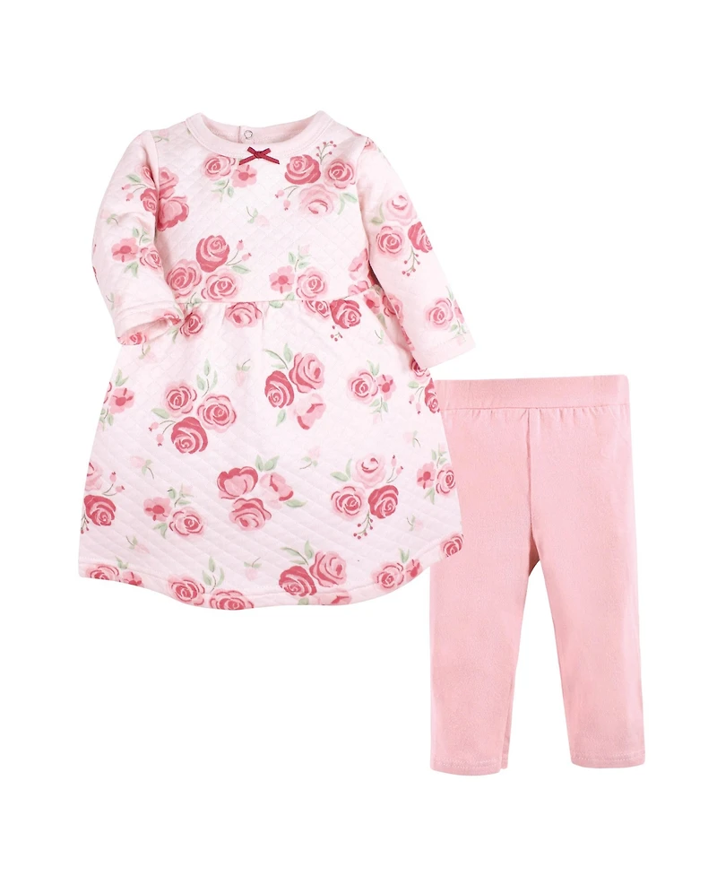Hudson Baby Girls Quilted Cotton Dress and Leggings, Blush Rose