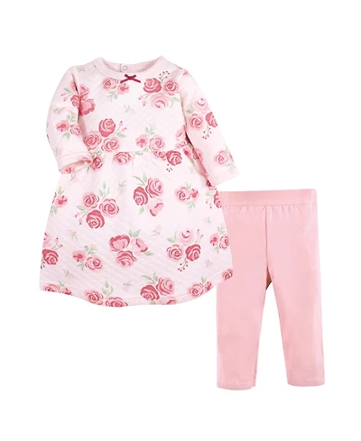 Hudson Baby Girls Quilted Cotton Dress and Leggings, Blush Rose