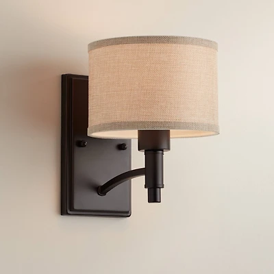 Franklin Iron Works La Pointe Farmhouse Rustic Wall Light Sconce Oil Rubbed Bronze Hardwire 6 3/4" Fixture Oatmeal Linen Drum Shade for Bedroom H