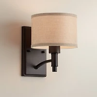 Franklin Iron Works La Pointe Farmhouse Rustic Wall Light Sconce Oil Rubbed Bronze Hardwire 6 3/4" Fixture Oatmeal Linen Drum Shade for Bedroom H