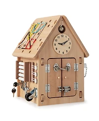 Wooden Busy House Montessori Toy with Sensory Games & Interior Storage Space