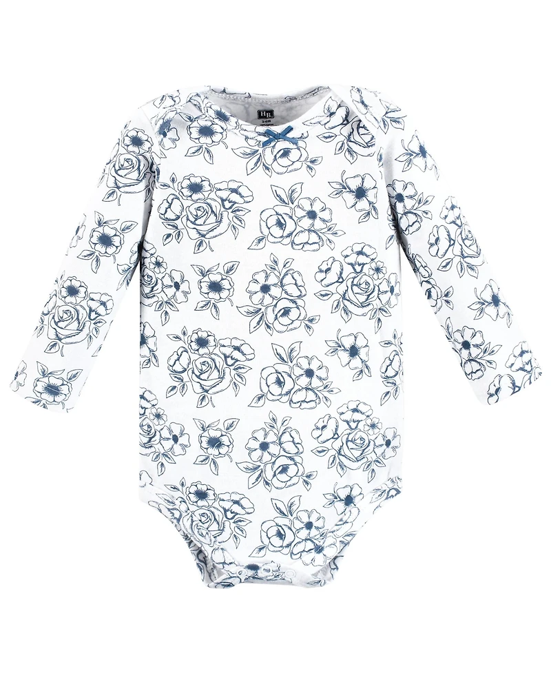 Hudson Baby Girls Cotton Long-Sleeve Bodysuits, Blue Toile 3-Pack, 3-6 Months