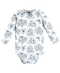 Hudson Baby Girls Cotton Long-Sleeve Bodysuits, Blue Toile 3-Pack, 3-6 Months