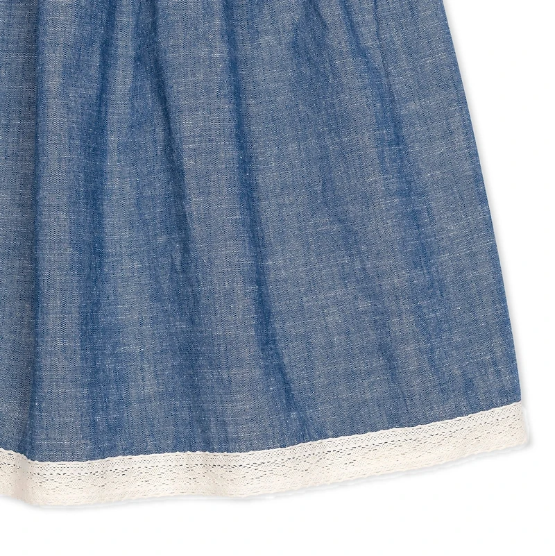 Hope & Henry Girls' Short Bubble Sleeve Crochet Trim Chambray Dress, Infant