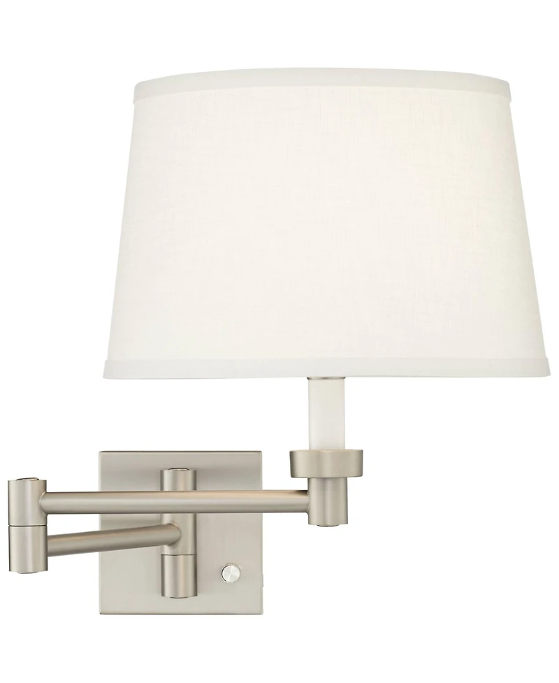 Possini Euro Design Modern Swing Arm Wall Lamp Brushed Nickel Plug-In Light Fixture White Linen Drum Shade for Bedroom Living Room