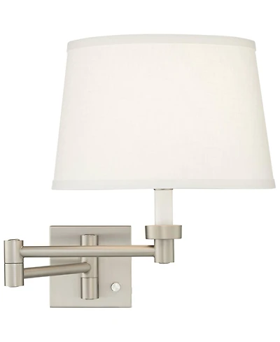 Possini Euro Design Modern Swing Arm Wall Lamp Brushed Nickel Plug-In Light Fixture White Linen Drum Shade for Bedroom Living Room