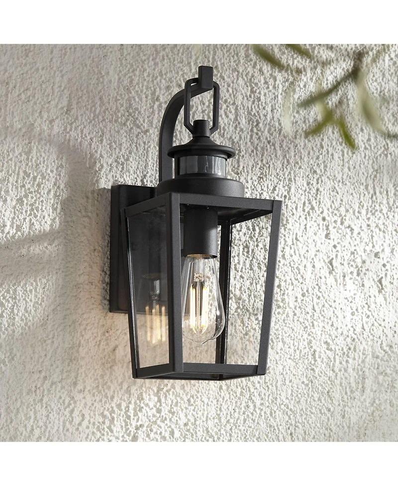 Possini Euro Design Ackerly Modern Outdoor Wall Light Fixture Textured Black Dusk to Dawn Motion Sensor 14" Clear Glass for Post Exterior Barn De