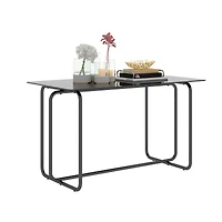 1-Piece Rectangle Dining Table With Metal Frame, Tempered Glass Dining Table For Kitchen Room, Black