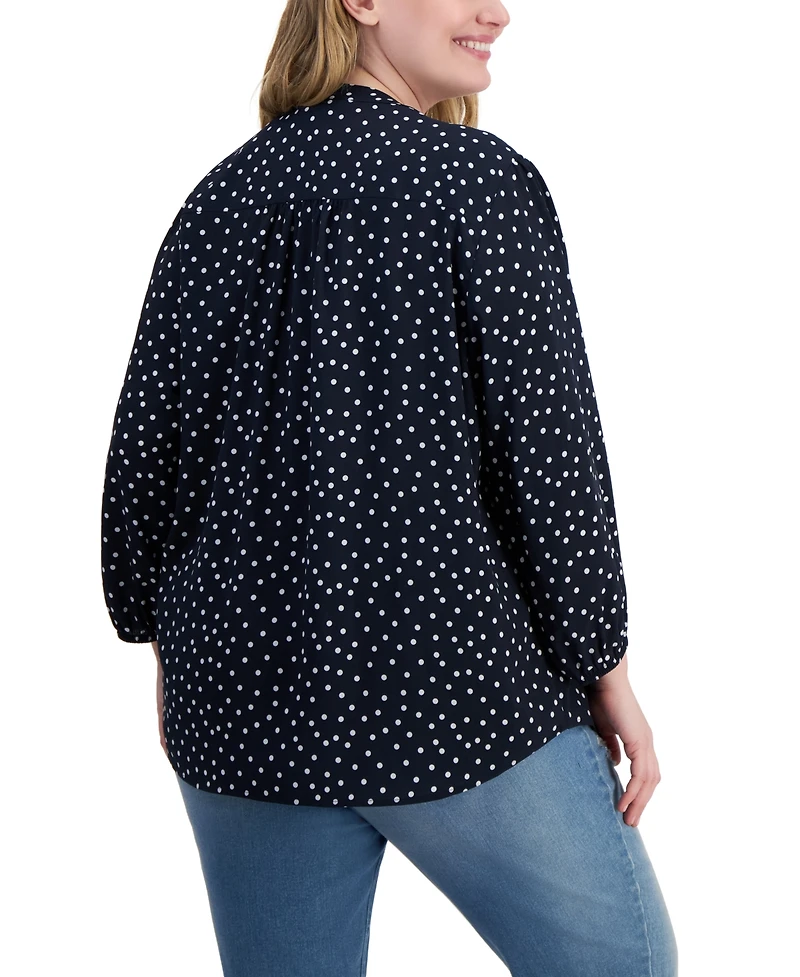 Tommy Hilfiger Plus Dot Print Pintuck 3/4-Sleeve Top