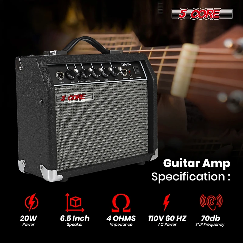 5 Core Guitar Amp 20W Amplifier for Electric Bass Acoustic Practice Amps Small Portable Mini Amplificador para Bajo with Built in Effects