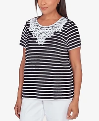 Alfred Dunner Women's Classic Neutrals Lace Neck Striped Split Hem T-shirt