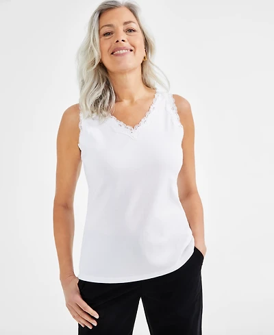Style & Co Women's Lace-Trim Cotton Tank Top, Exclusively at Macy's